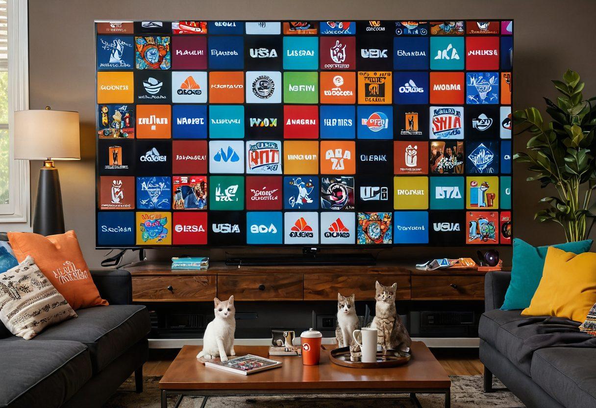 A cozy living room scene with a large TV displaying a colorful assortment of popular TV show logos; a comfy couch with soft pillows and blankets, snacks on a coffee table for binge-watching, and a cat lazily lounging nearby. Warm ambient lighting to create a welcoming atmosphere. super-realistic. vibrant colors. cozy interior.