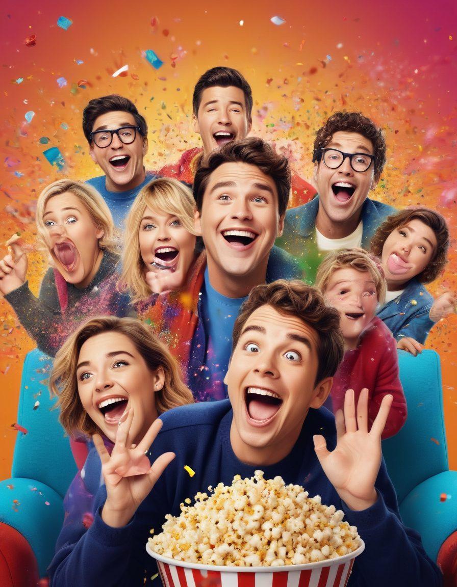 A vibrant collage showcasing various happy scenes from popular comedy series, featuring characters laughing and enjoying memorable moments, with colorful bursts of confetti and playful elements surrounding them. Include a bright and cheerful background with streaming icons, popcorn, and a cozy couch. super-realistic. vibrant colors. playful style.